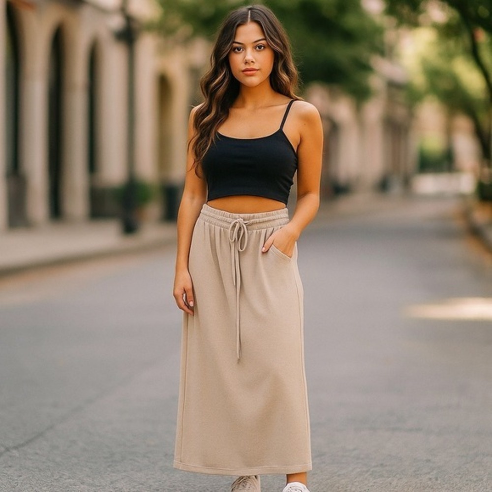 Forever21‎ Beige Casual Drawstring Side Slit Basic Maxi Skirt Size 0X